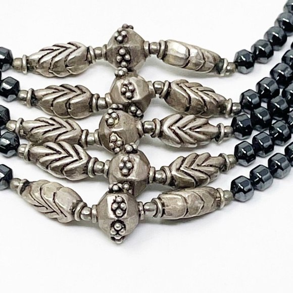 Antiqued Silver Tone Egyptian Revival Multi Strand Beaded Layered Necklace - Picture 3 of 8